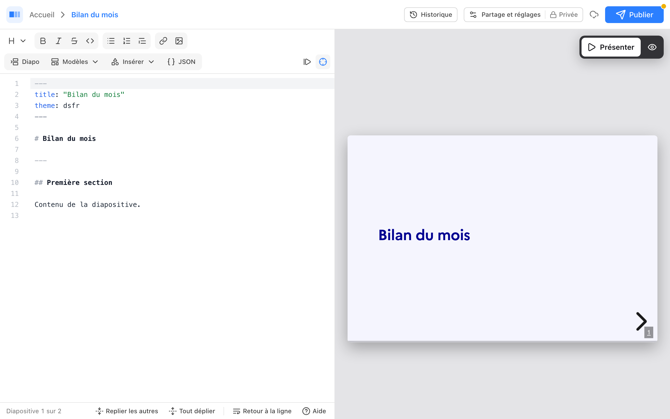 L'éditeur à l'ouverture d'une nouvelle présentation