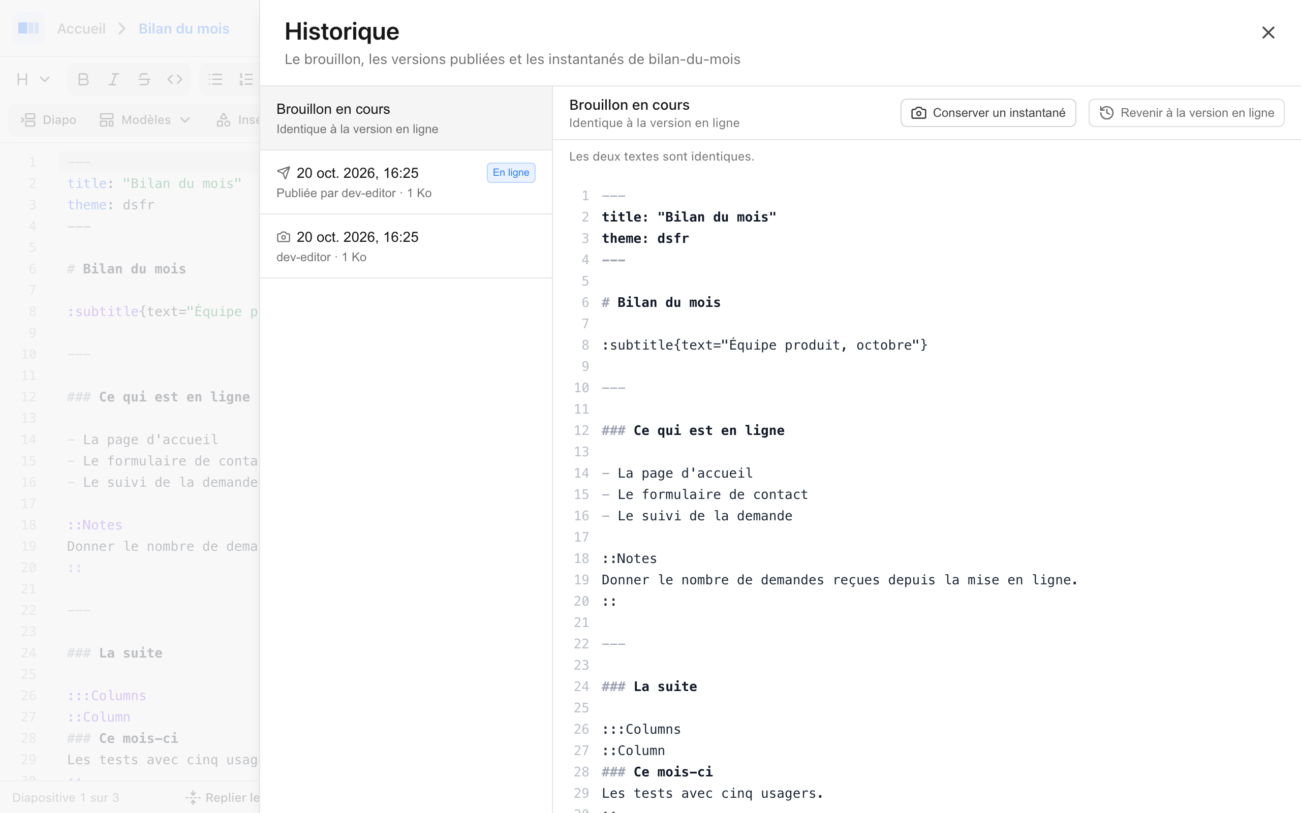 L'historique d'une présentation, avec sa version en ligne et un instantané
