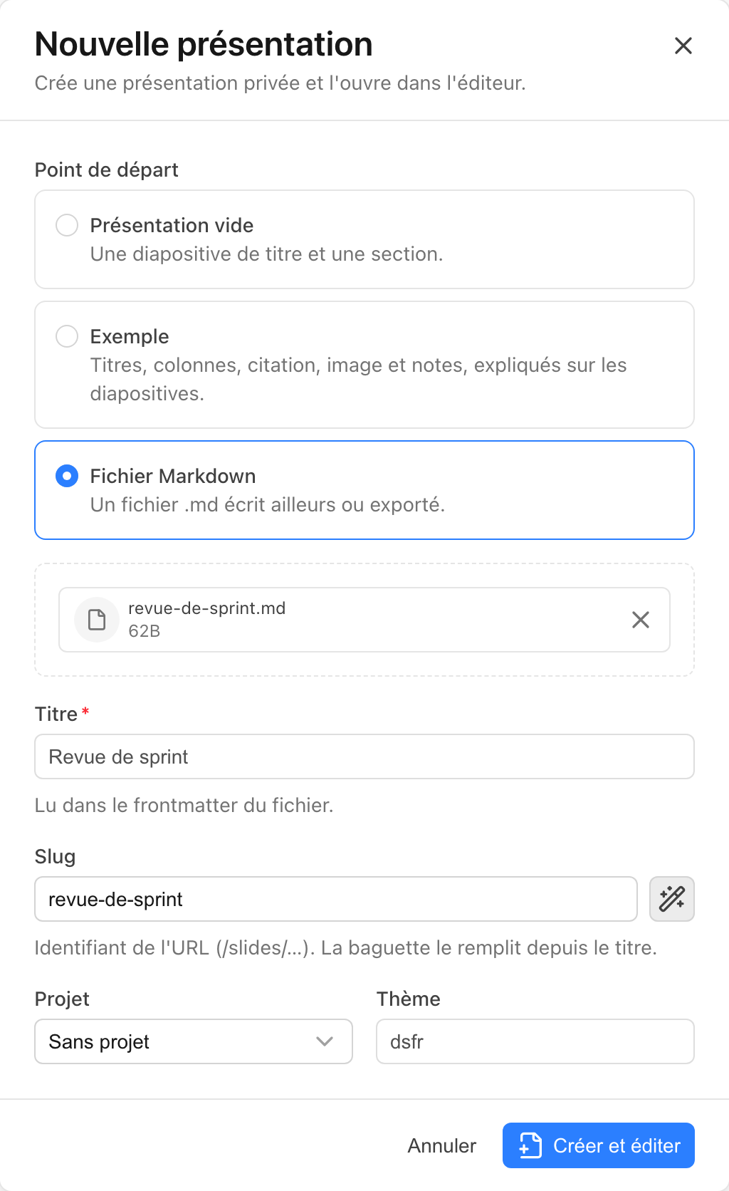 La fenêtre « Nouvelle présentation » avec le point de départ « Fichier Markdown » et le fichier revue-de-sprint.md