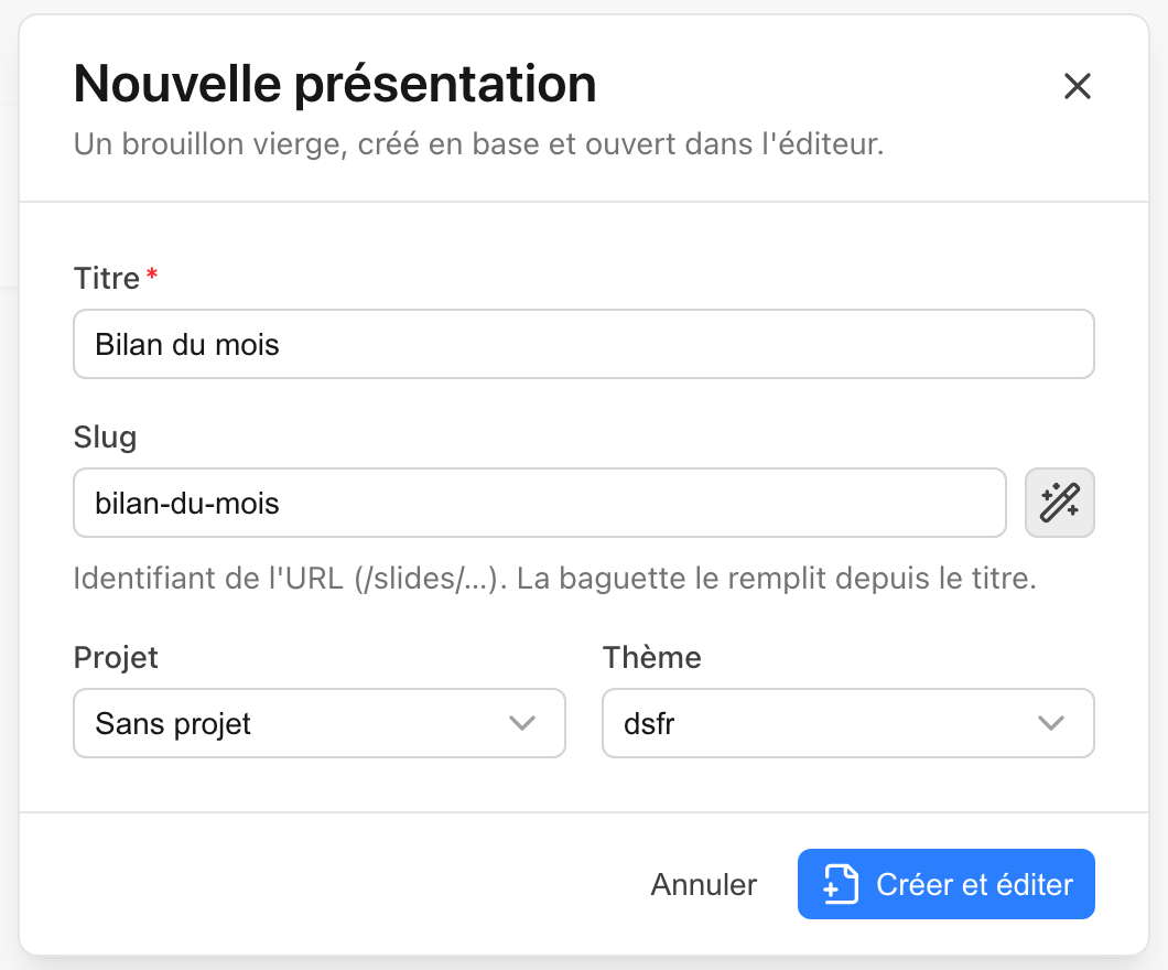 La fenêtre « Nouvelle présentation », remplie