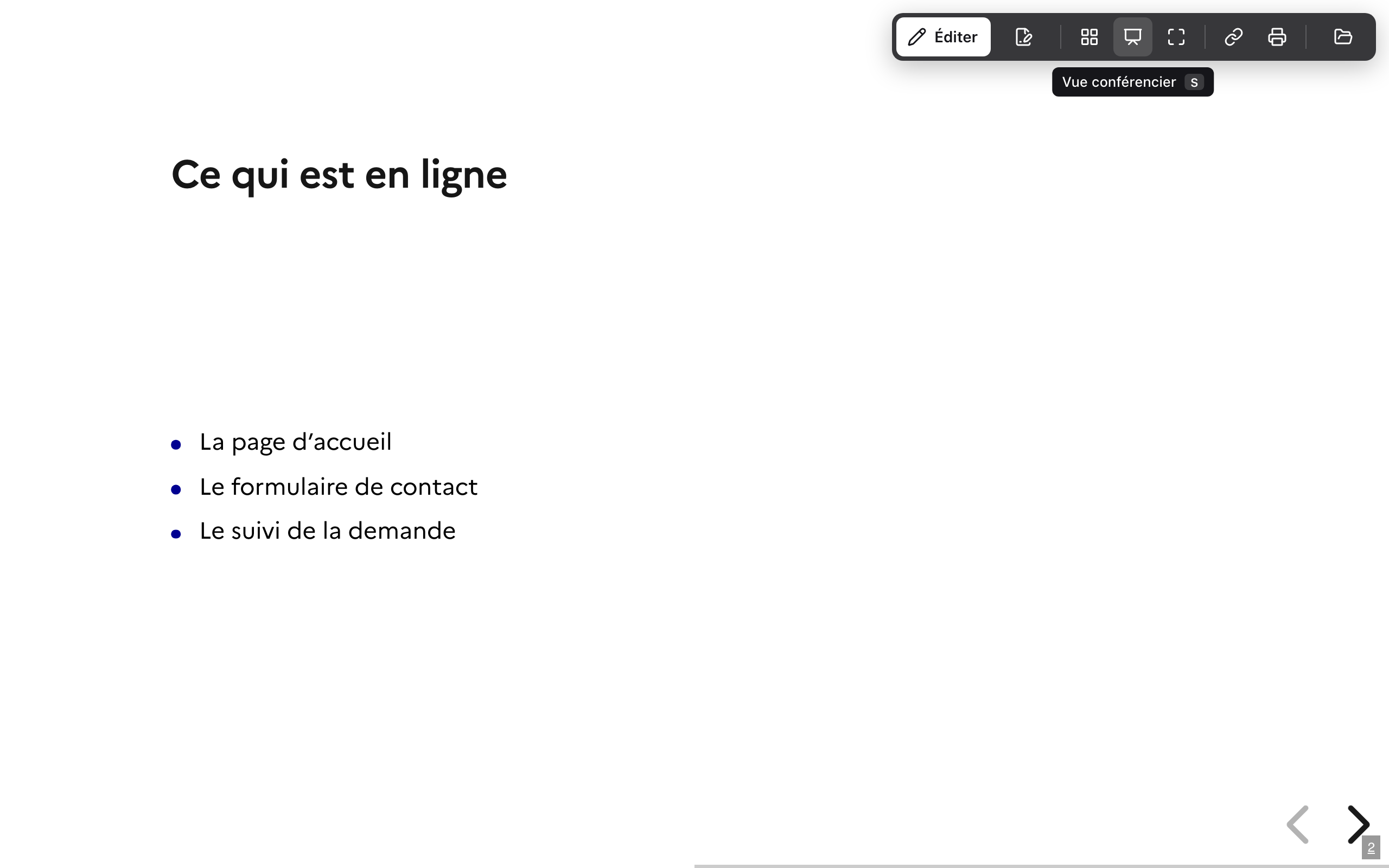 La présentation ouverte, avec la barre de commandes et l'infobulle « Vue conférencier »