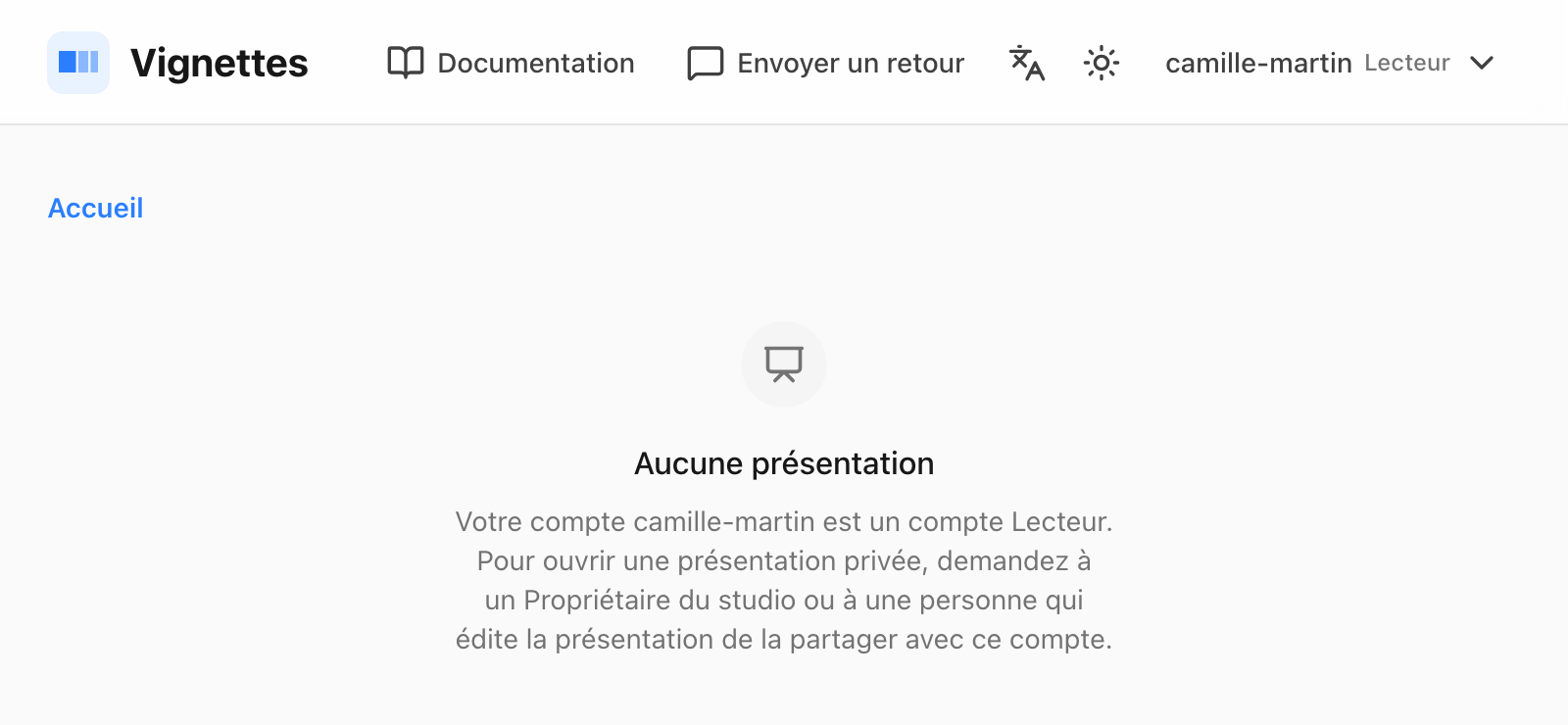 Le catalogue d'un compte Lecteur sans présentation, avec les liens « Documentation » et « Envoyer un retour » en haut à droite
