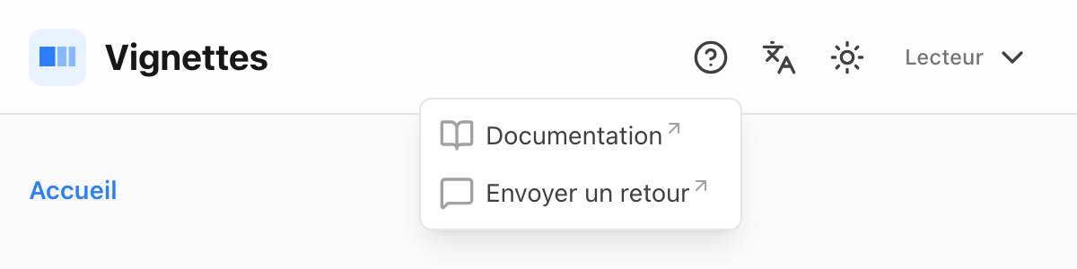 Le menu du bouton en forme de point d'interrogation dans une fenêtre étroite, avec « Documentation » et « Envoyer un retour »