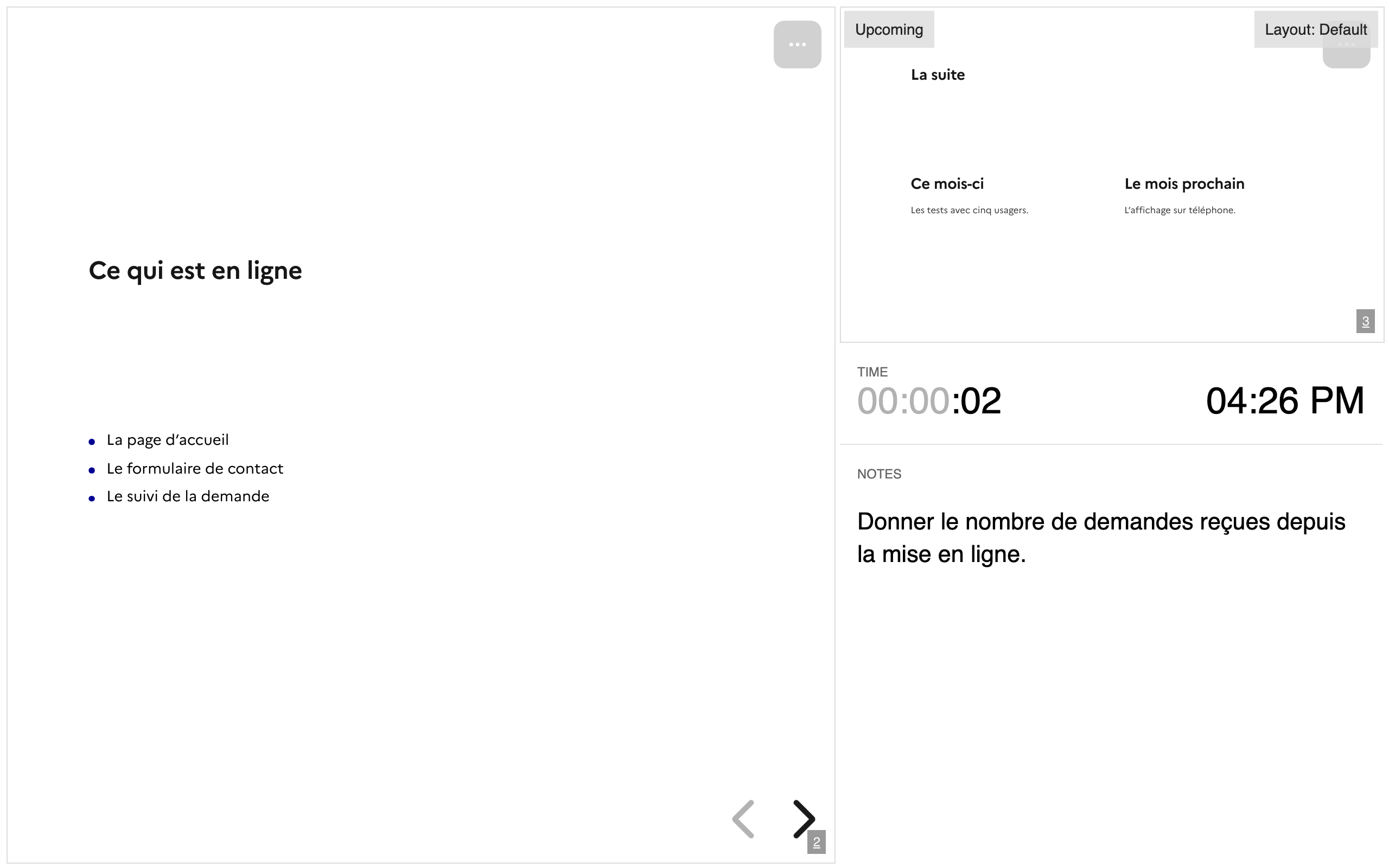 La vue conférencier, avec la note de la deuxième diapositive